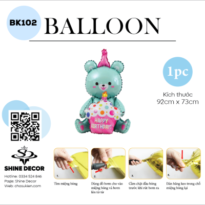 Bong Bóng Kiếng Hình Con vật - Gấu Xanh ôm Bánh Sinh Nhật- BK102